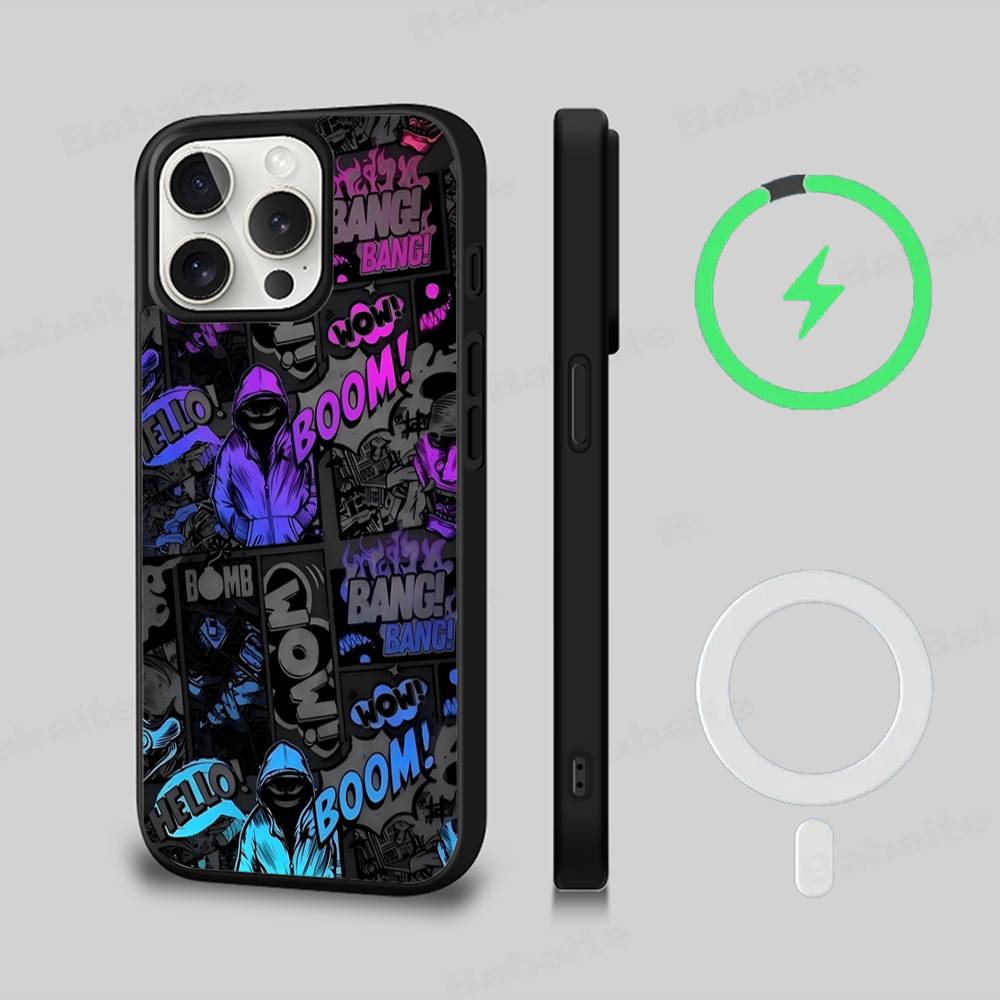 Cool Black Graffiti Phone Case For iPhone 13 14 15 11 12 16 17 Pro Max Plus For Magsafe Magnetic Shell