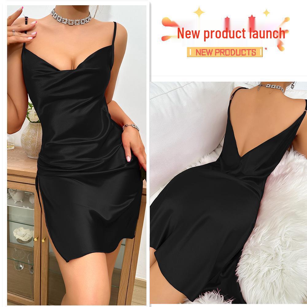 Euro-American Ice Silk Slimming Nightdress: Women's Breathable Sling Pajamas Long Dress, Sexy Homewear