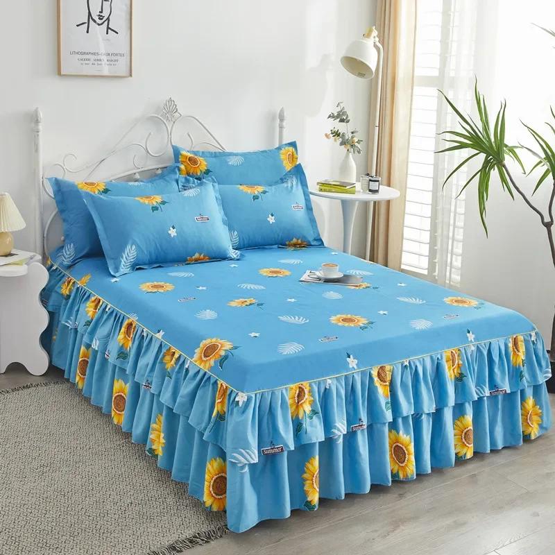 Double Layer Ruffled Bedroom Solid/Flower Pattern Cotton Bed Skirt Coverlets Elastic Tight Dust Cover Bedding