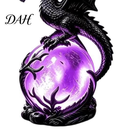 Fantasy Collection Item Gothic Dragon Night Light, Resin Statue with Purple Glowing Crystal Luminous Ball Sphere, Table Lamp for Halloween Home