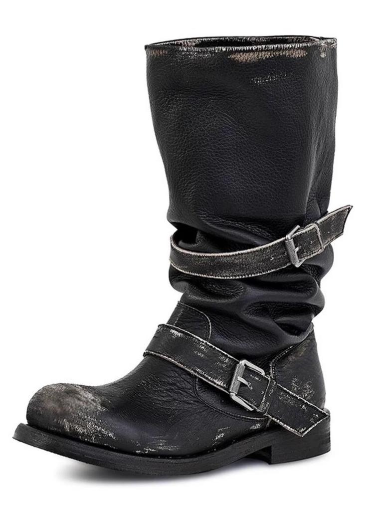 Vintage Platform Buckle Stylish Motorcycle Women Square Toe Chunky High Heel Mid-Calf Shoes Retro Biker Boots