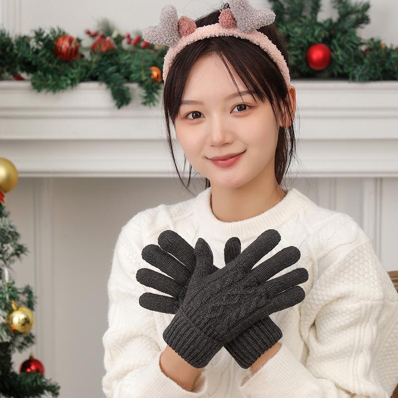 Simple Style Fashion Plus Velvet Thicken Women Winter Keep Warm Touch Screen Pattern Knitted Wool Gloves Elasticity Soft Mittens