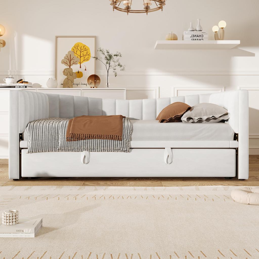 Daybed 90x200/180x200 Sofa Bed Upholstered Bed Pull-Out Bed, Slatted Frame, Single/Double Bed Guest Bed, Velvet, Minimalist Style, White