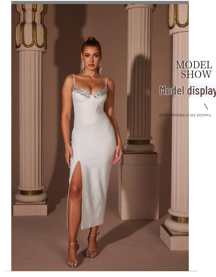 European-American Rhinestone Bandage Evening Dress with Side Slit