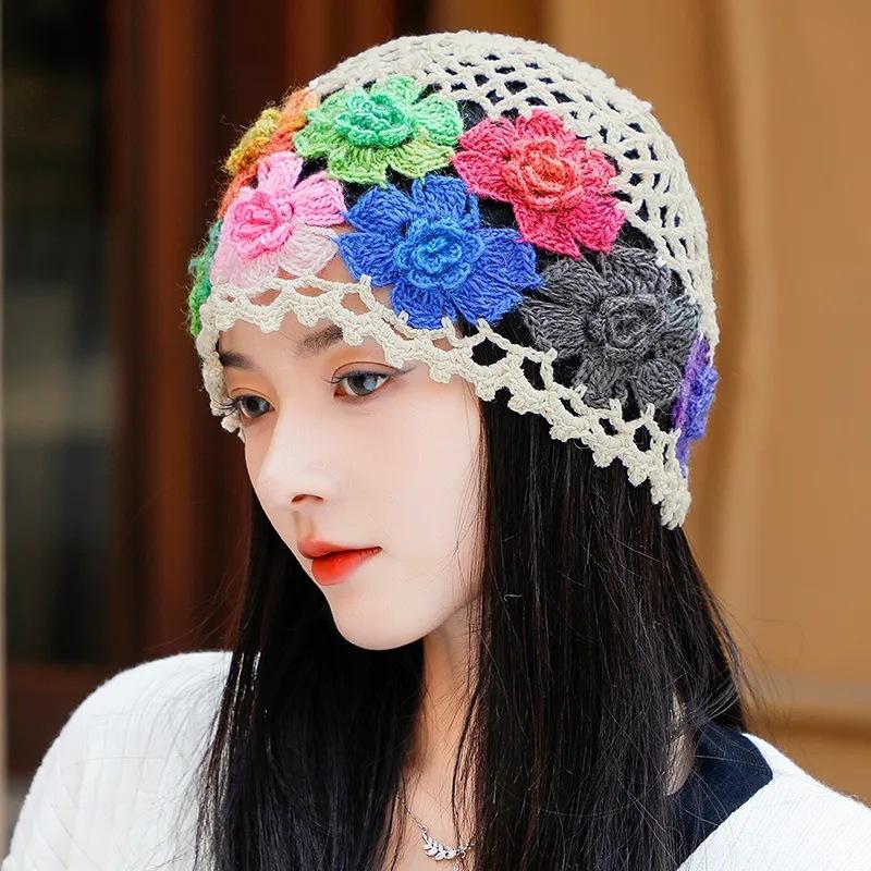 Spring and Autumn Handmade Hat Women's Pull Only Handmade Crocheted All Match Knitted Hat Women's Hollow Crocheted Wool Hat