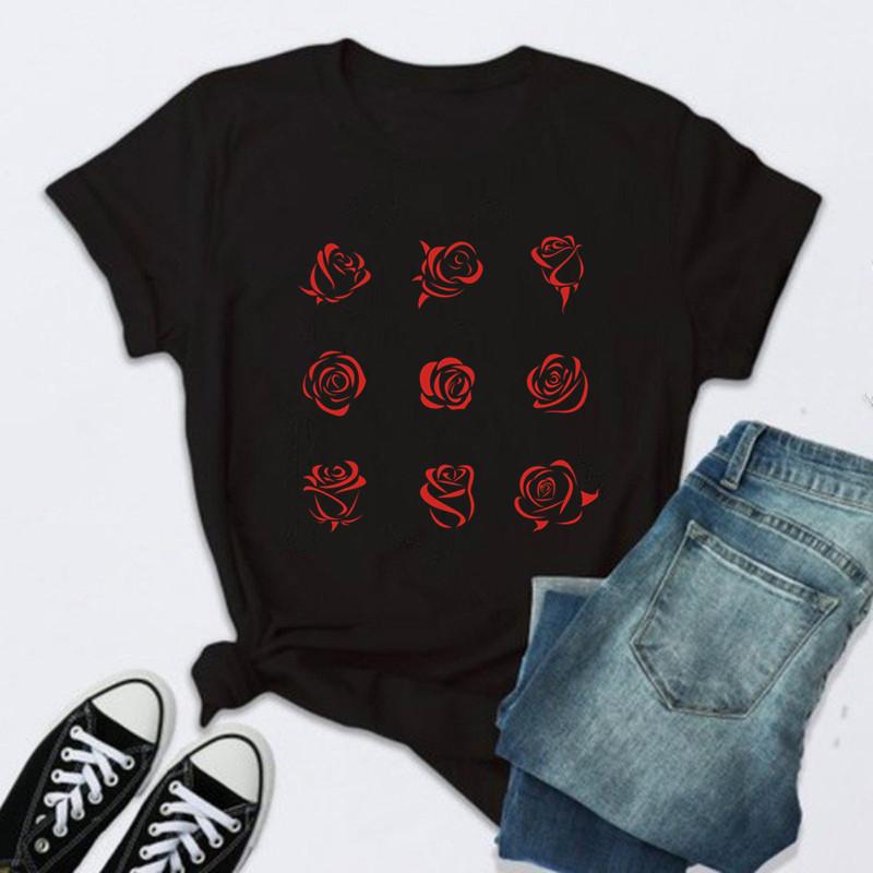 Women Rose Print Black T Shirt Female 2026 Valentine New Tshirt Fashion Short Sleeve Tee Tops Harjauku Cute Tshirt Graphic Y2K