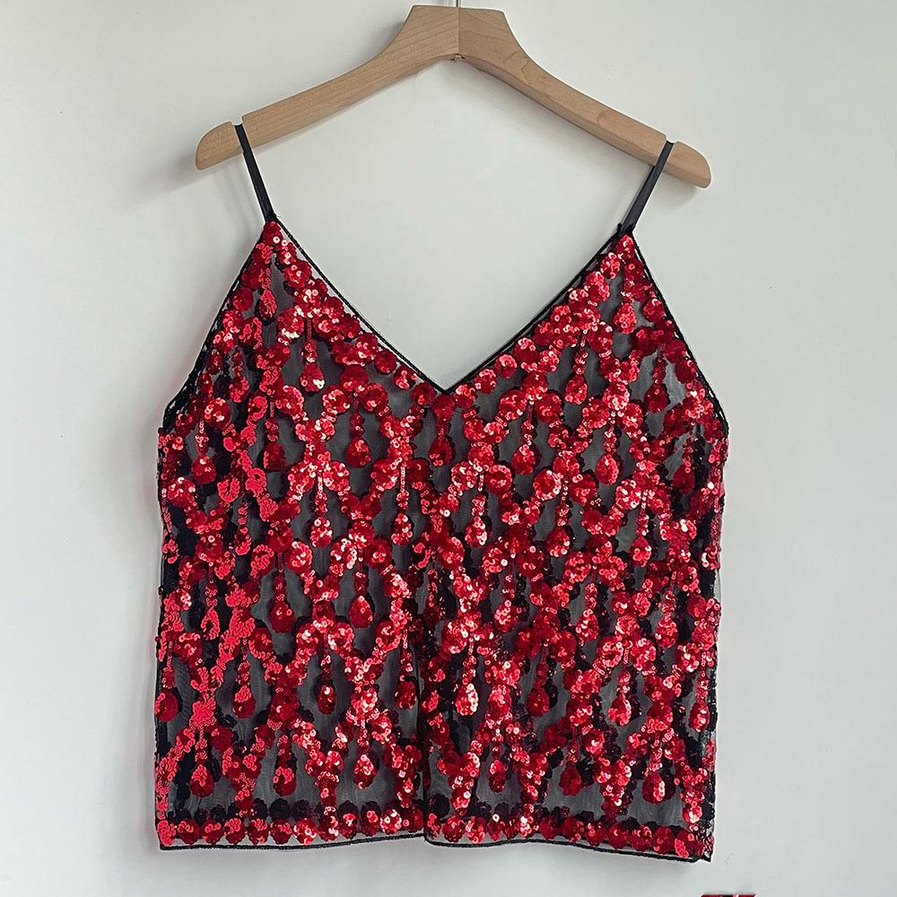 European & American V-Neck Sequin Camisole: Chic Sleeveless Top for Inner & Outer Wear