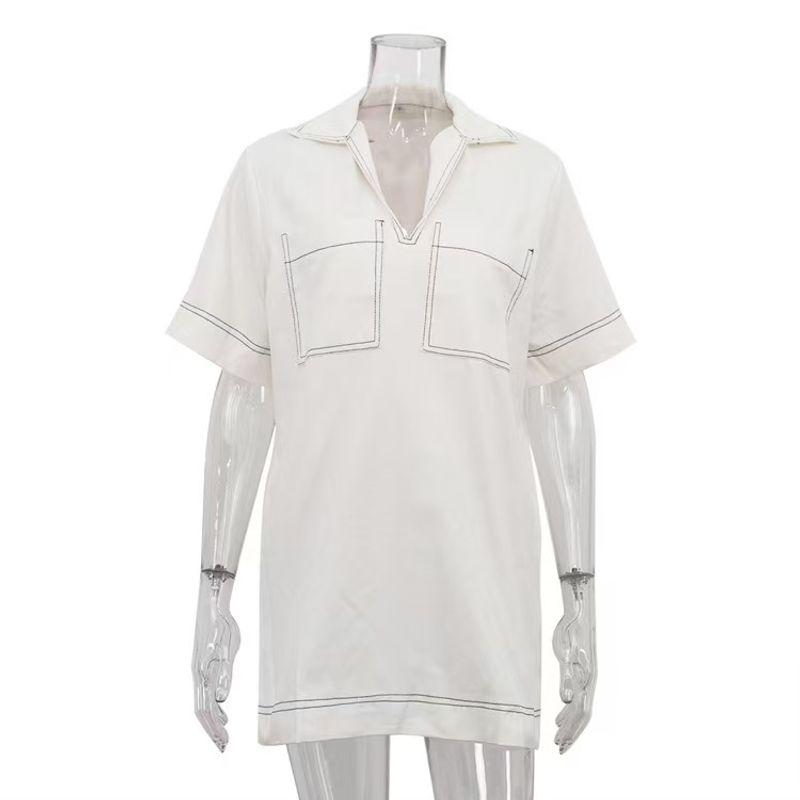 

Western Style Lapel Half Sleeve Shirt Dress Casual Fashion Loose Waist Dress Loose Short Skirt White L