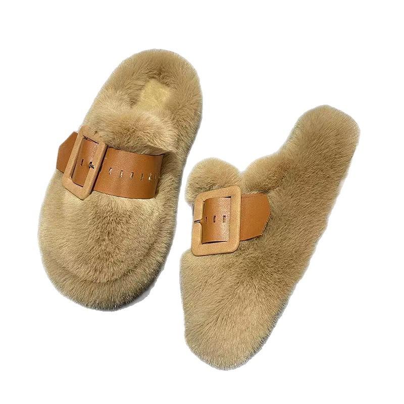 Baotou Mao Mao Slippers Women Wear New Thick-soled Belt Buckle Without Heel Lazy Half-drag Niche Cotton Slippers