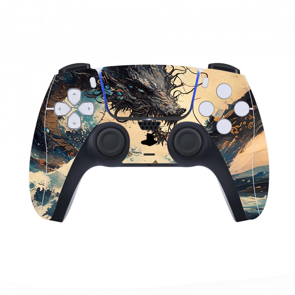 PlayVital Tempest Dragon vinyl stickers for the PS5 console (disc version), PS5 controller, headset, remote, and charging station.