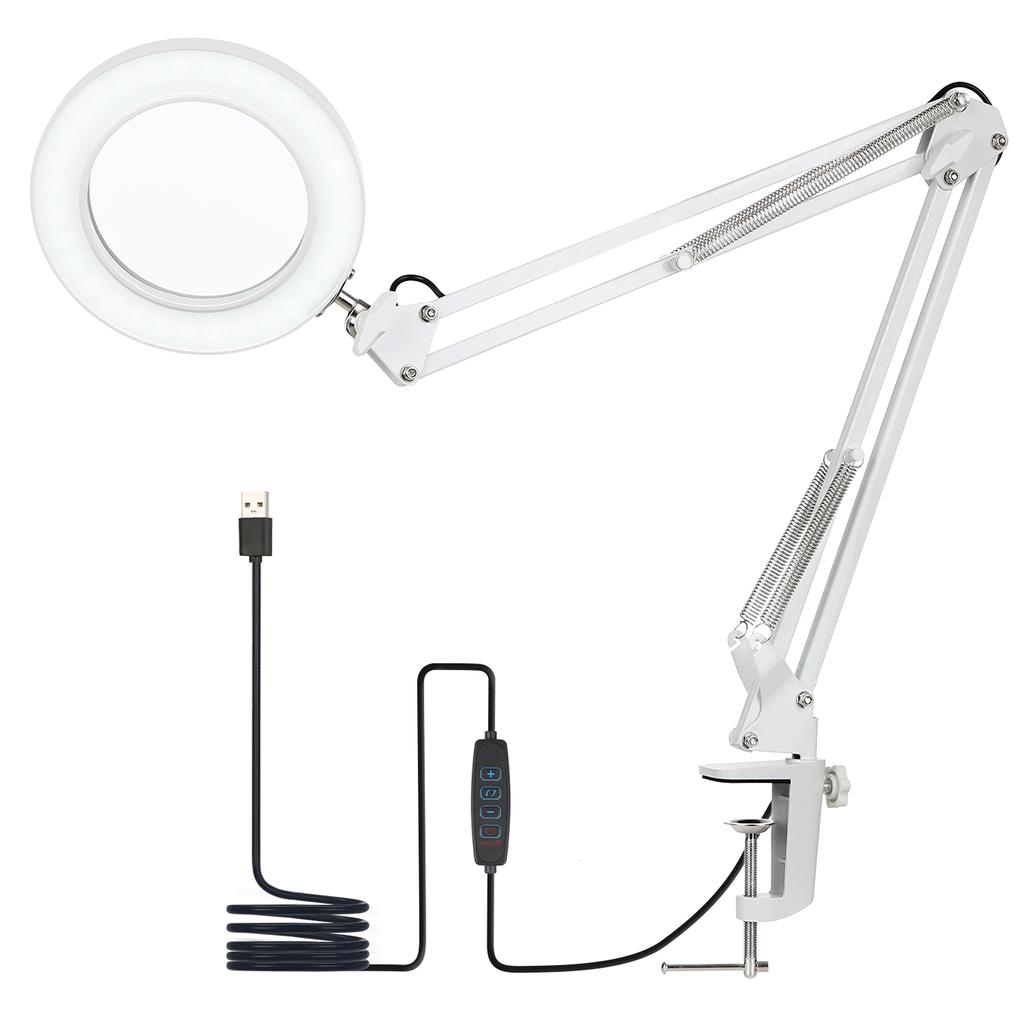 Flexible Klemme auf Tischlampe mit 8x Lupe Schwenkarm Dimmbare LEDs Schreibtischleuchte 3 Farbmodi & 10 Helligkeitsstufen