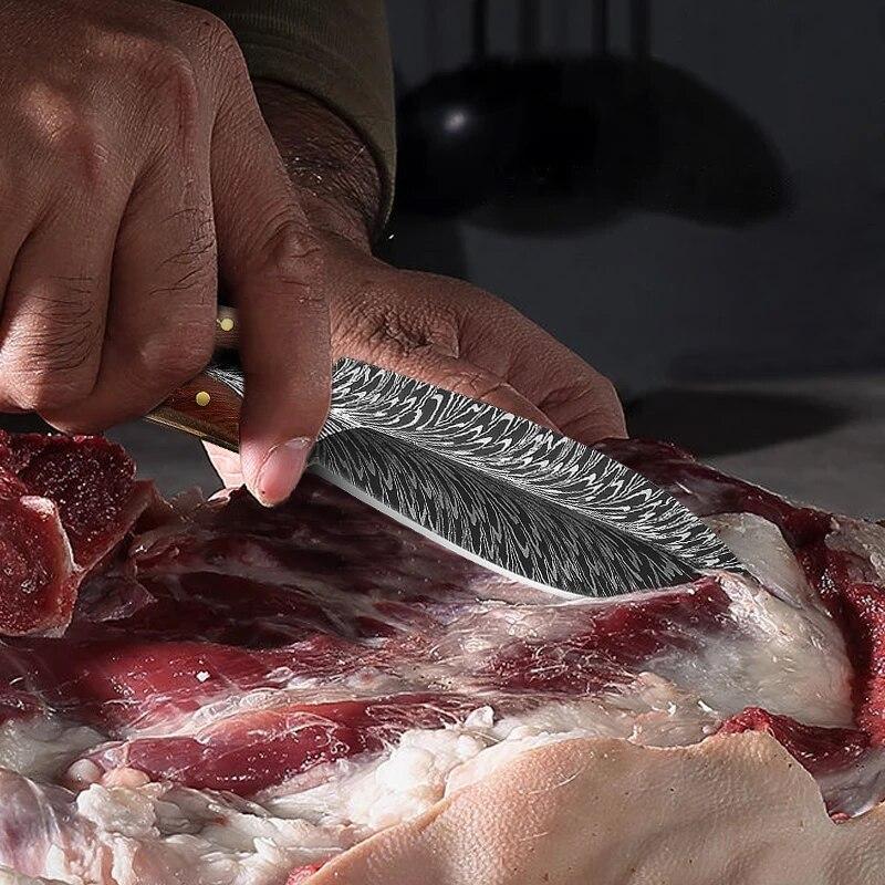 Multi Hunting Knife Feather Pattern Knife Boning Knife Fruit Knife for Protection and Knives Stainless Steel Meat Cleaver