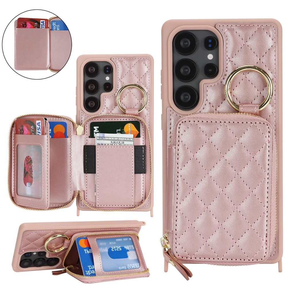 For Samsung Galaxy S25 Ultra Case Ring Holder Zipper Pocket Kickstand Leather Back Phone Cover with Shoulder Strap