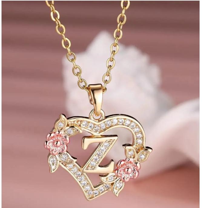 Pendant Necklace for Women Hollow Heart Flower Design with 26 Letters Jewelry Gift