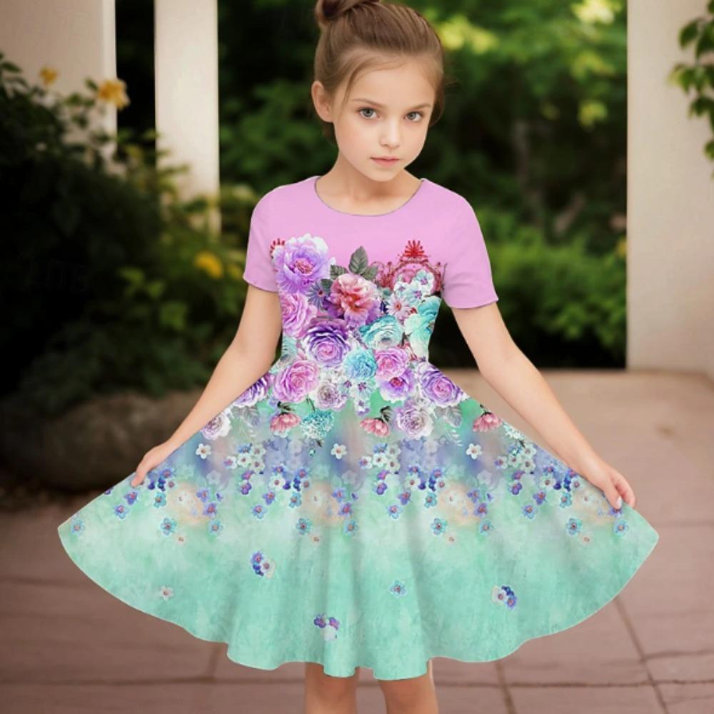 Girls 3D Print Dresses Kids Girl Party Short Sleeve Princess Dress Tank 3D Bouquet Print Dress