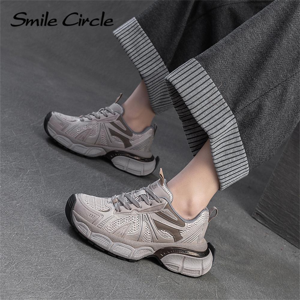 Damen Sneakers aus echtem Leder mit runder Zehenpartie und zunehmender Höhe, modische Freizeitschuhe mit dicker Sohle