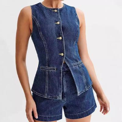 2024 Euro-American Style Summer Sleeveless High-Waisted Denim Vest and Shorts Set for Women.