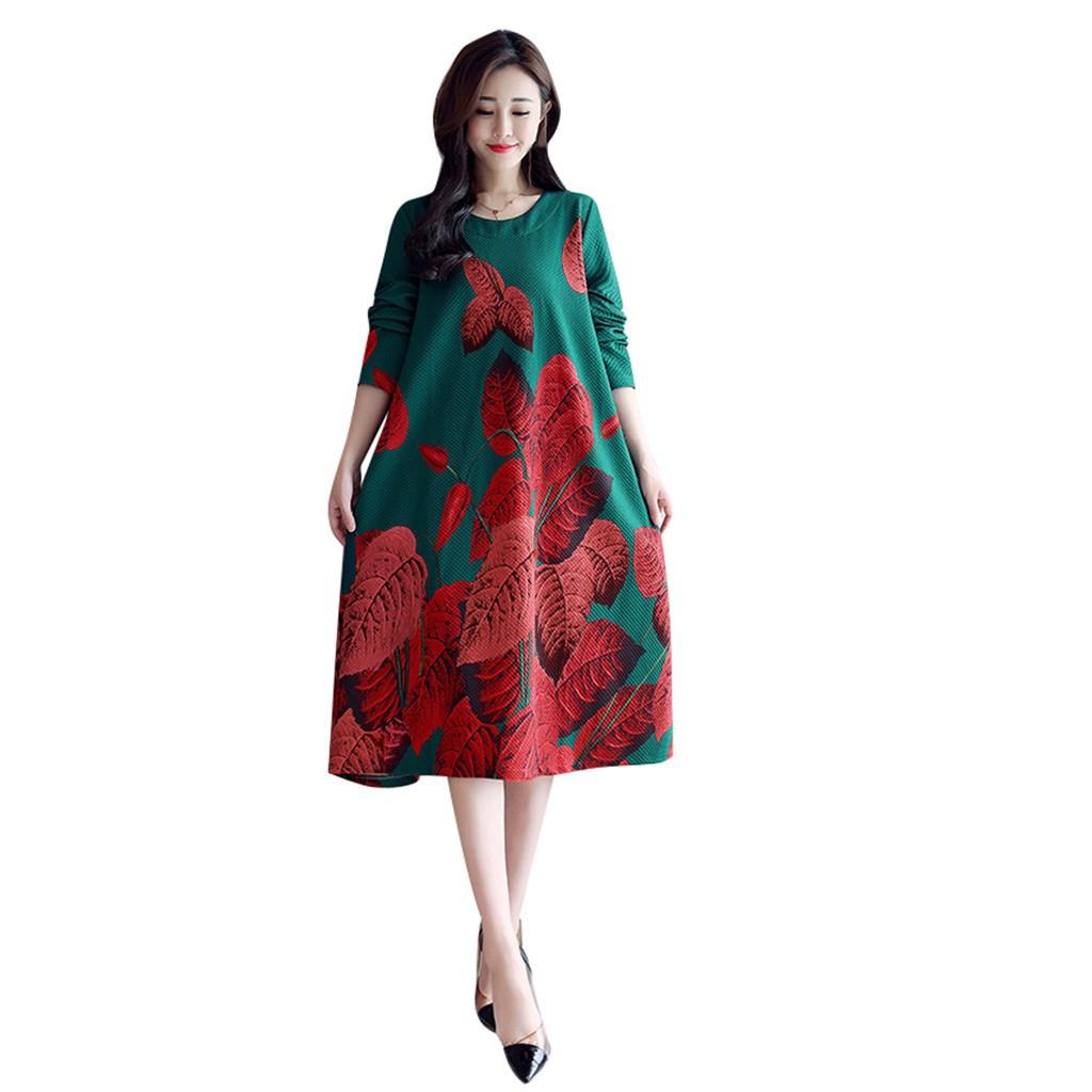 Fashion Casual Women Long sleeve Long Dress  Printed Loose Dress