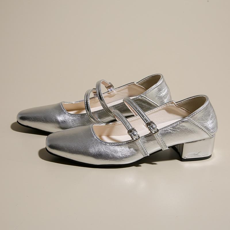 Coarse heel silver Mary Jane shoes light mouth spring 2025 new one-word strap with skirt temperament single shoes women's shoes