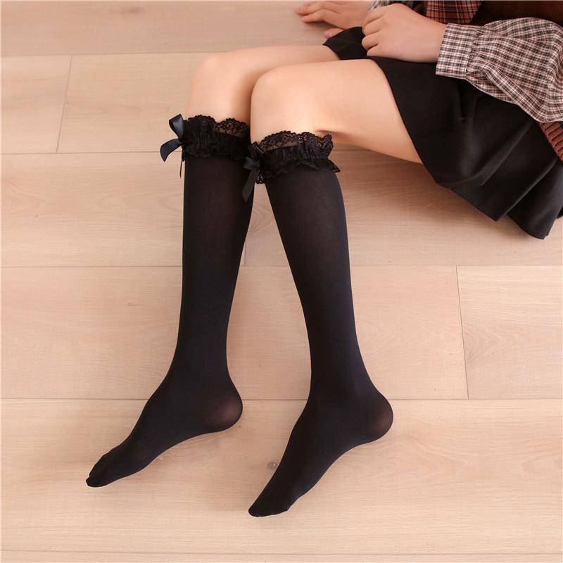 Spring/Summer Japanese Lace Bow Over Knee Stockings Women's Lolita College Knee Calf White Stockings