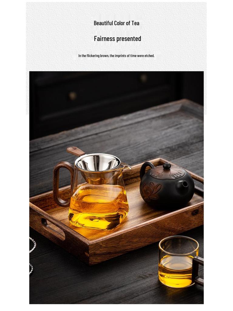 Wooden Handle Glass Gong Dao Bei: High-Temperature Resistant, Thickened Filter Tea Infuser Cup Set