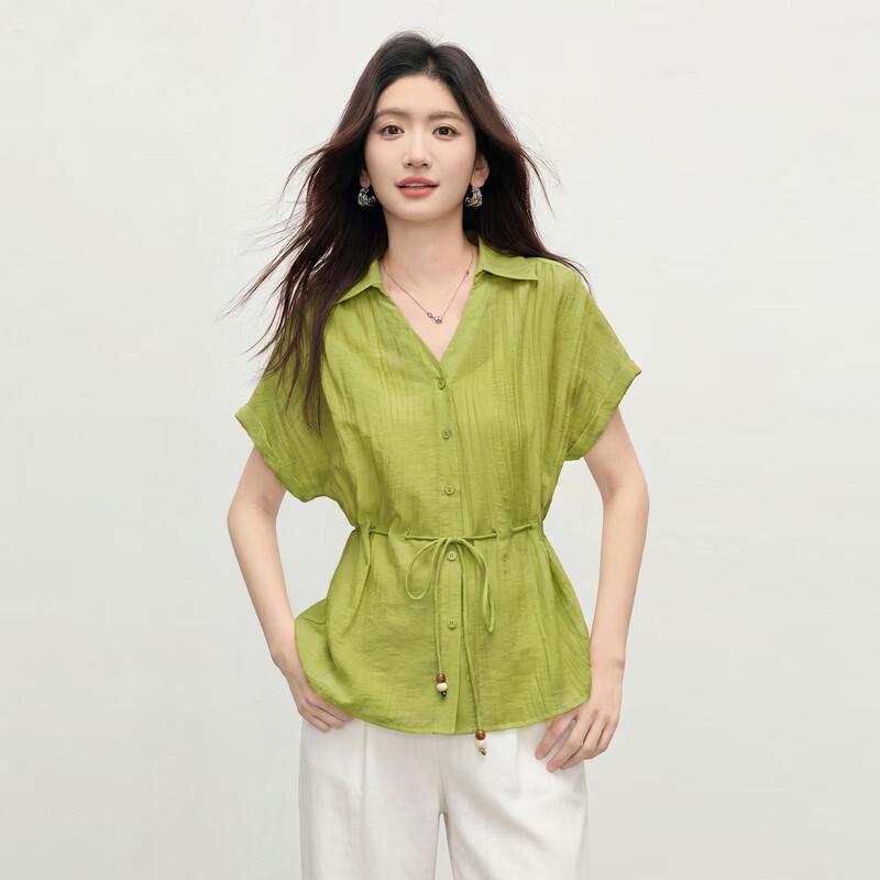 Women s Linen Blend Tie-Waist Short Sleeve Shirt S