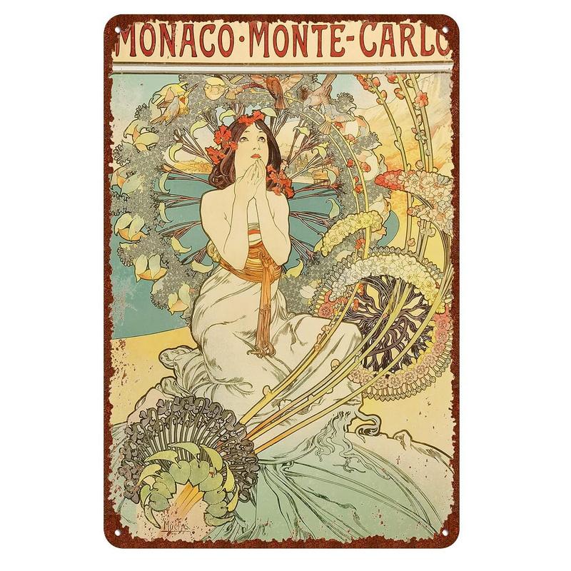 Vintage Metal Tin Signs Beauty-Art Nouveau Decorative Signs Four Seasons - Illustration Girl Retro Wall Decor Home Wall Signs