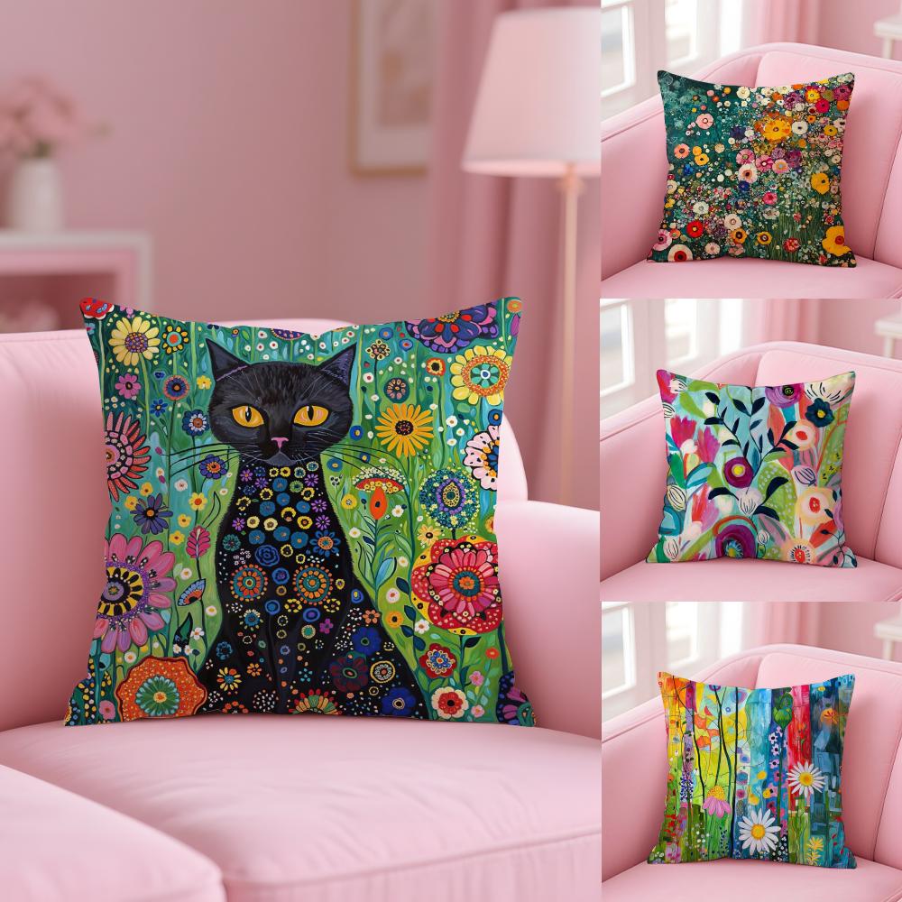 Cat Flower Cushion Cover Soft Short Plush Double-Sided Printing Home Decor Machine Washable Pillow Case Gift