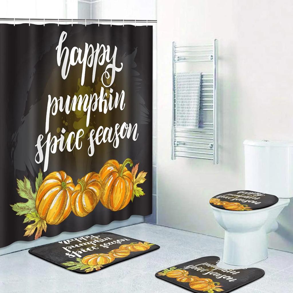 Shower Curtain Set Thanksgiving Pumpkins Fall Leaves November Season With Non-Slip Rugs Toilet Lid Cover Bath Mat Bathroom Set