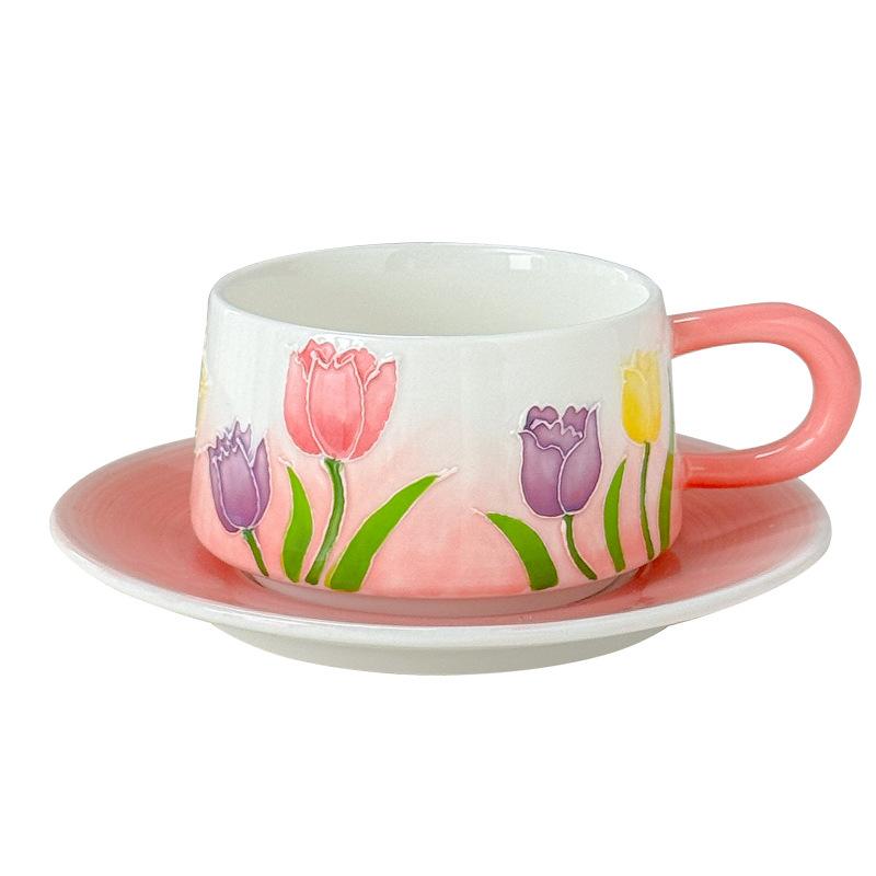Retro Tulip Coffee Cup Saucer Set Afternoon Teacup Creative Sub Water Cup Ceramic Cup Exquisite