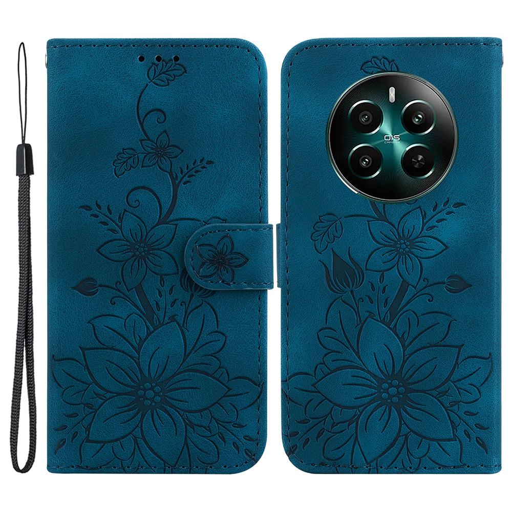 Etui dla Realme 12 4G/12+ 5G/Narzo 70 Pro 5G PU Skóra Uchwyt na Karty Wytłaczany Kwiat Pokrowiec na Telefon