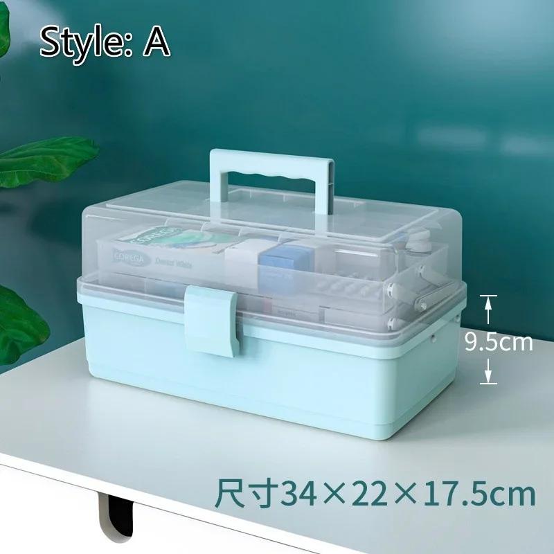 

Медицинская коробка большой вместимости с ручкой, многослойный портативный медицинский пластиковый органайзер, бытовые коробки для хранения лекарств Style A-Blue