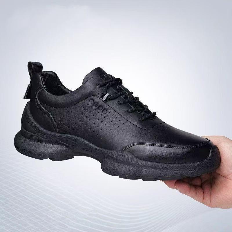 Men's Casual Breathable Leather Running Shoes - Non-slip, Thick Sole, Solid Color, Ideal for Outdoor and Business.