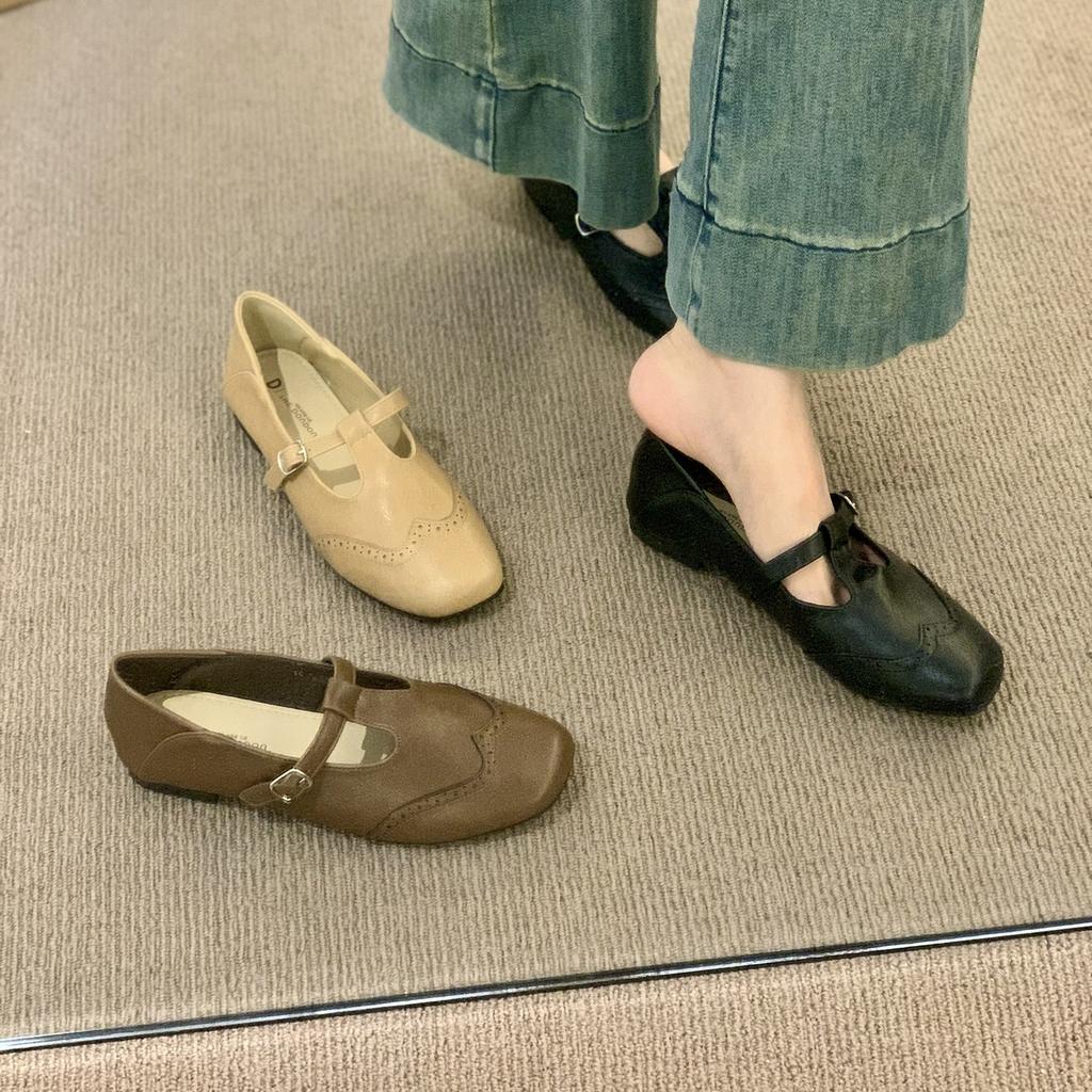 THEDOUDOU Korean Version Retro Black Small Leather Shoes Women's 2025 Autumn Flat Bottom Shallow Mouth Single Shoes Flat Bottom Mary Jane