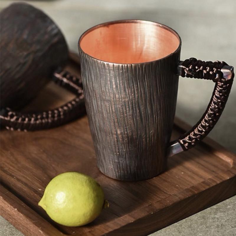 Reine Kupferfarbene Moscow Mule Kaffeetasse Baumstruktur Exquisit Vintage Verdickend Langlebig Wasser 450ml Becher Geflochtener Griff Teetasse