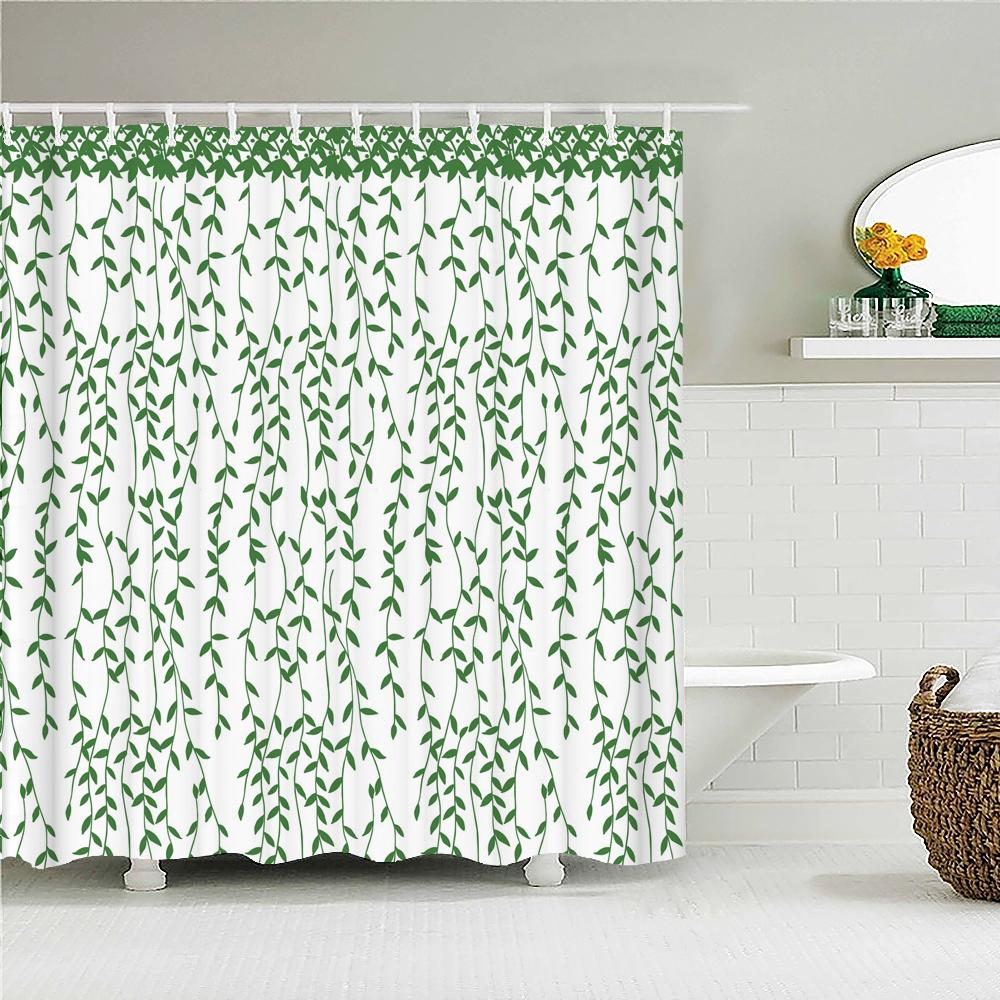 High Quality Blue Fresh leaf Printed Fabric Shower Curtain Plant Leaves Bath Screen Waterproof Bathroom Decor with Hooks