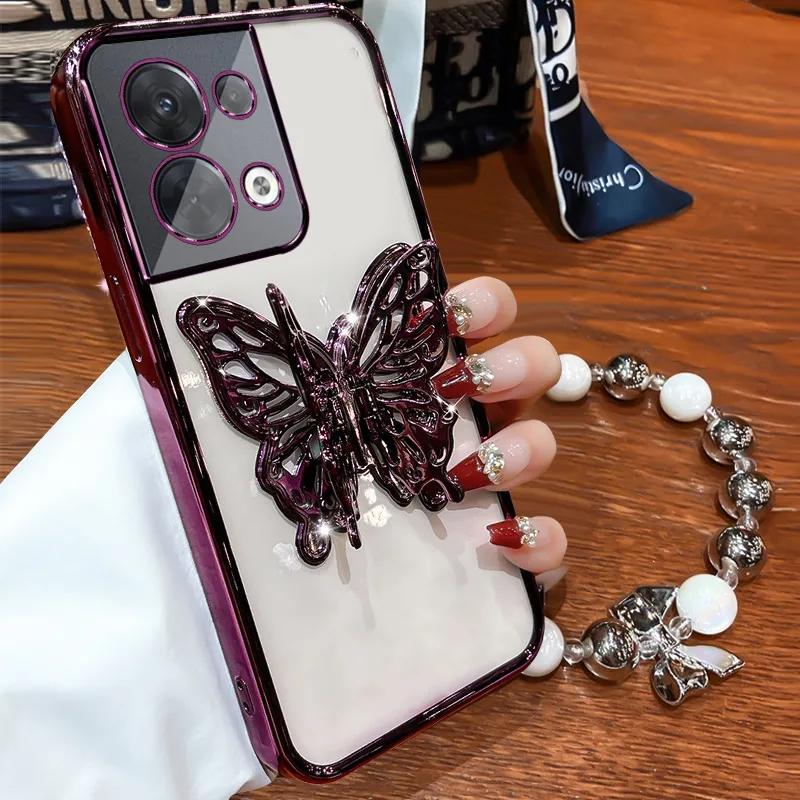 3D Butterfly Phone Holder Bead bracelet Glitter Plating Case for OPPO Reno 8 7 Pro Plus 4G 5G Back Cover