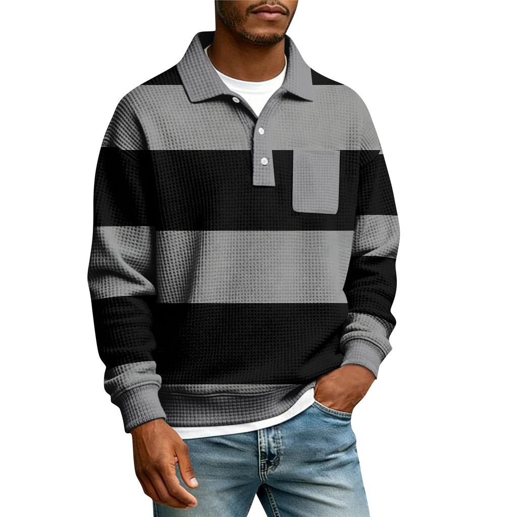 Herren Gestreiftes Einreihiges Langarmhemd Mit Kragen Und Taschen Lässiges Sport-T-Shirt