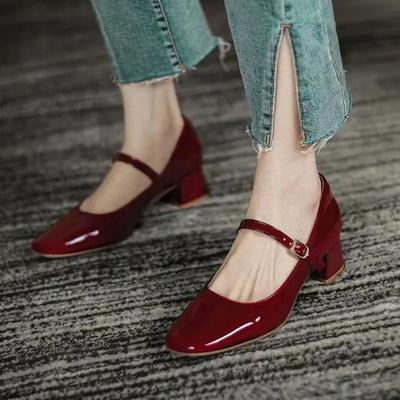 New Women's Red Black Mary Janes Shoes High Quality Leather Low Heel Dress Shoes Square Toe Shallow Buckle Strap Women's Shoes