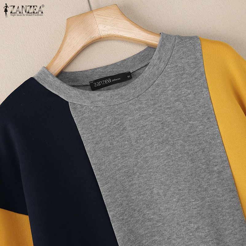 ZANZEA Women Casual Round Neck Patchwork Autumn Long Sleeve Sweatshirt