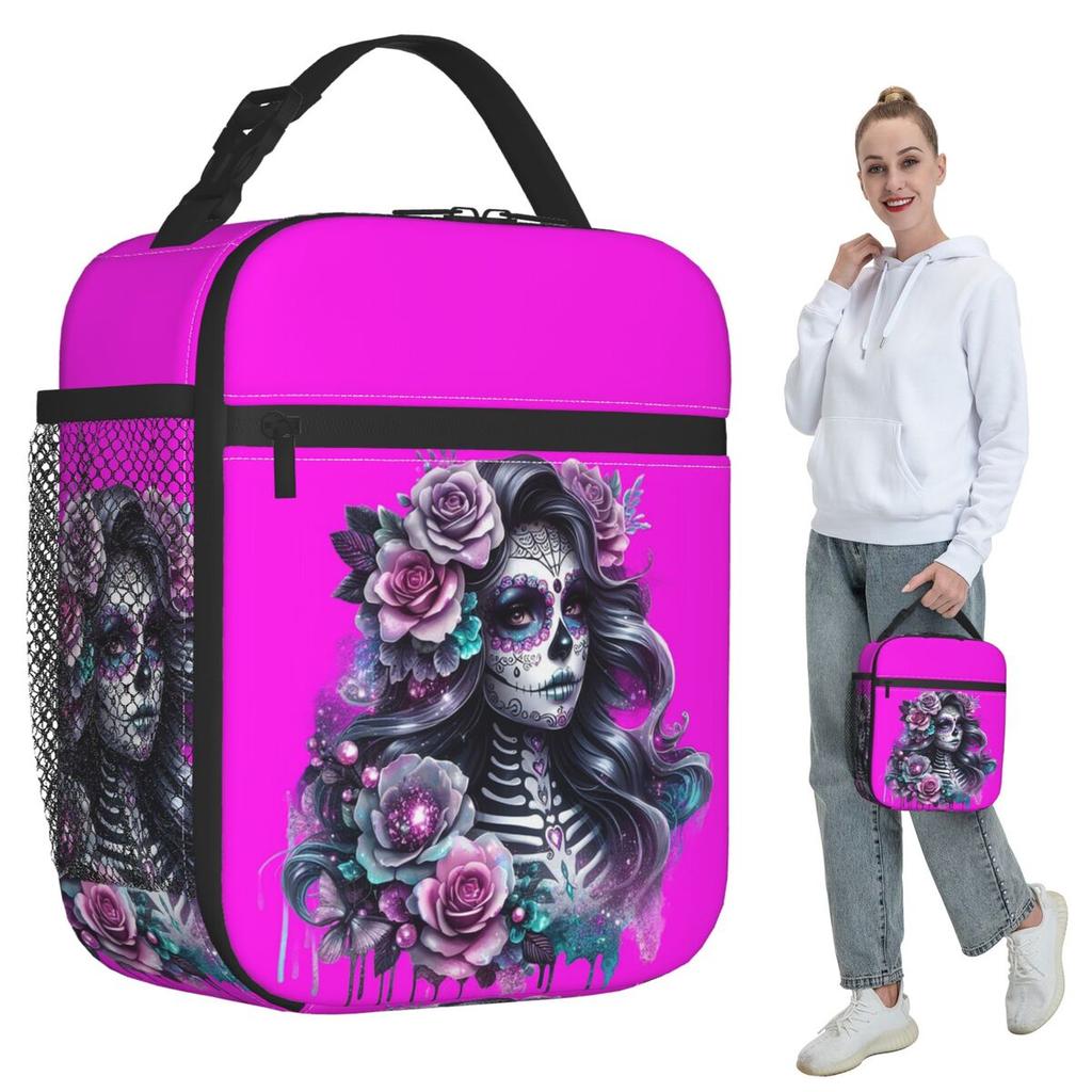 Gothic Day Of The Dead Girl With Roses Skull Insulated Lunch Bag for Kids School Cooler Thermal Food Box Tote Lunch Boxes