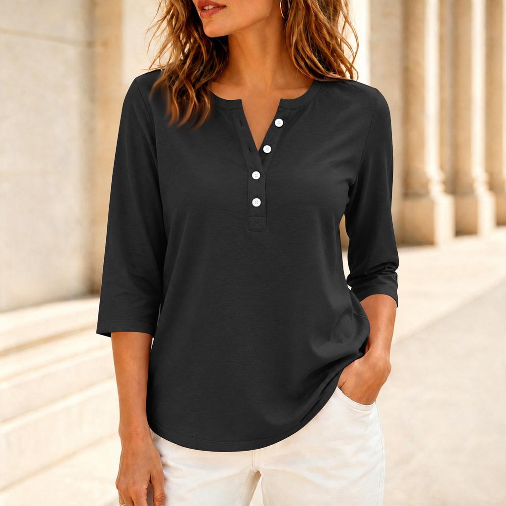 Women's Casual Color V-Neck Three-Quarter Sleeve Button T-Shirt Top
