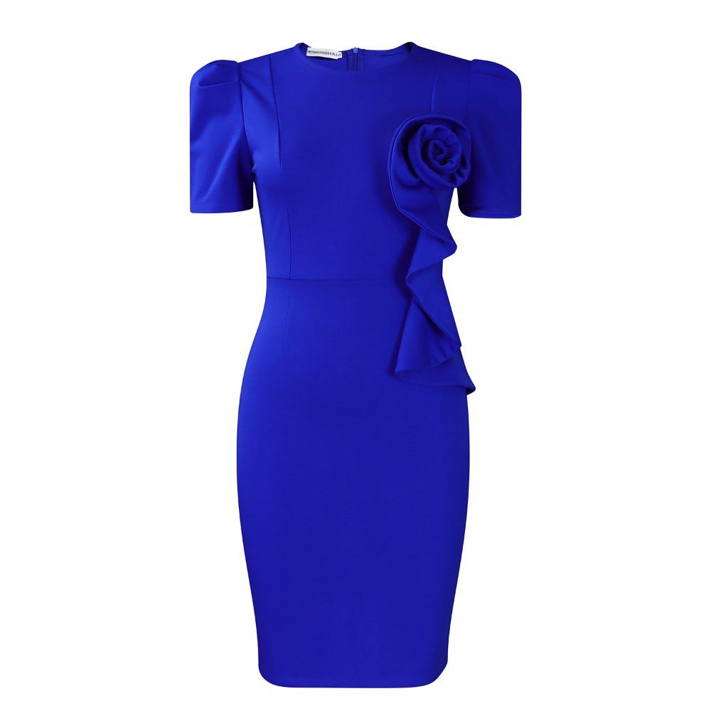 Women s Round Neck Short Sleeve Midi Dress Bodycon High Waist Elegant 3D Floral Ruffle Office Dress S королевский синий