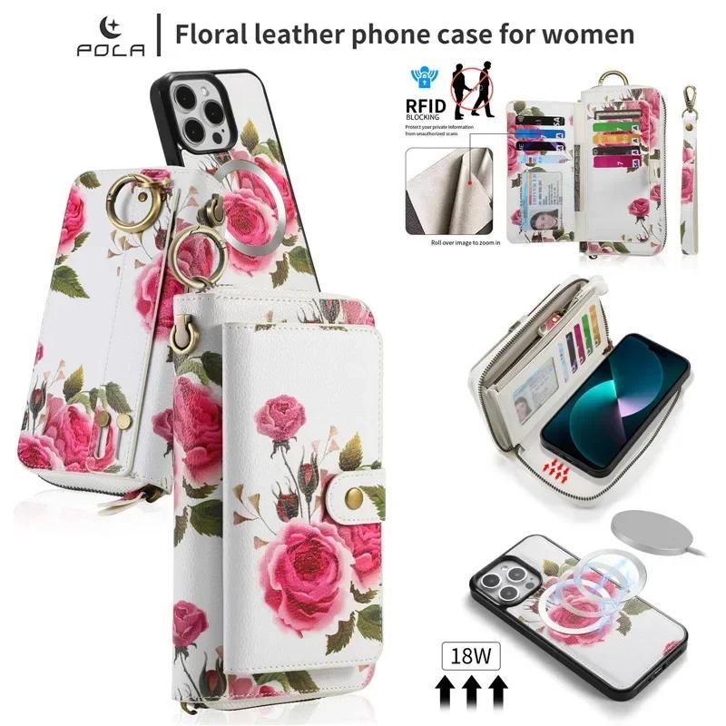 Magnetic Lanyard Leather Zipper Wallet Card Phone Case for iPhone 17 Air 16 15 Pro Max 14 Plus 13 12 11 XS XR X Flip Stand Cover