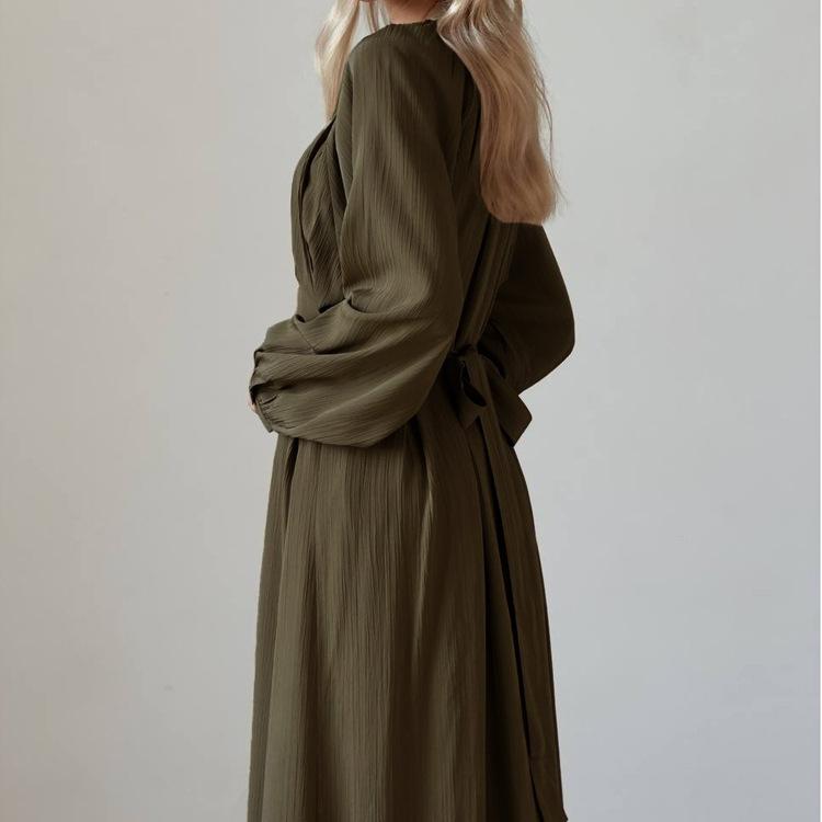 Women's Casual Long Lantern Sleeves Dress Elegant Crew Neck Spring Fall Dress Bohemian Relaxed Fit Solid Color Flowy Maxi Dresses for Women