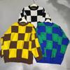 Autumn/Winter Sweater Color Contrast Thick Knitted Three Dimensional Plush Large Grid Lazy Style Sweater for Women