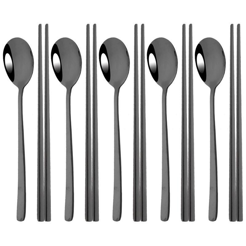 304 Stainless Steel Cutlery Set Sushi Sticks Dinner Spoons Set 10Pcs Dinnerware Korean Chopsticks Dessert Spoon Flatware Set