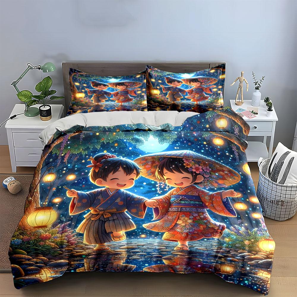 "Japanese Kimono Art Prints Set" Soft Skin-Friendly Bedding Set Includes 1 Duvet Cover And 2 Pillowcase Gift
