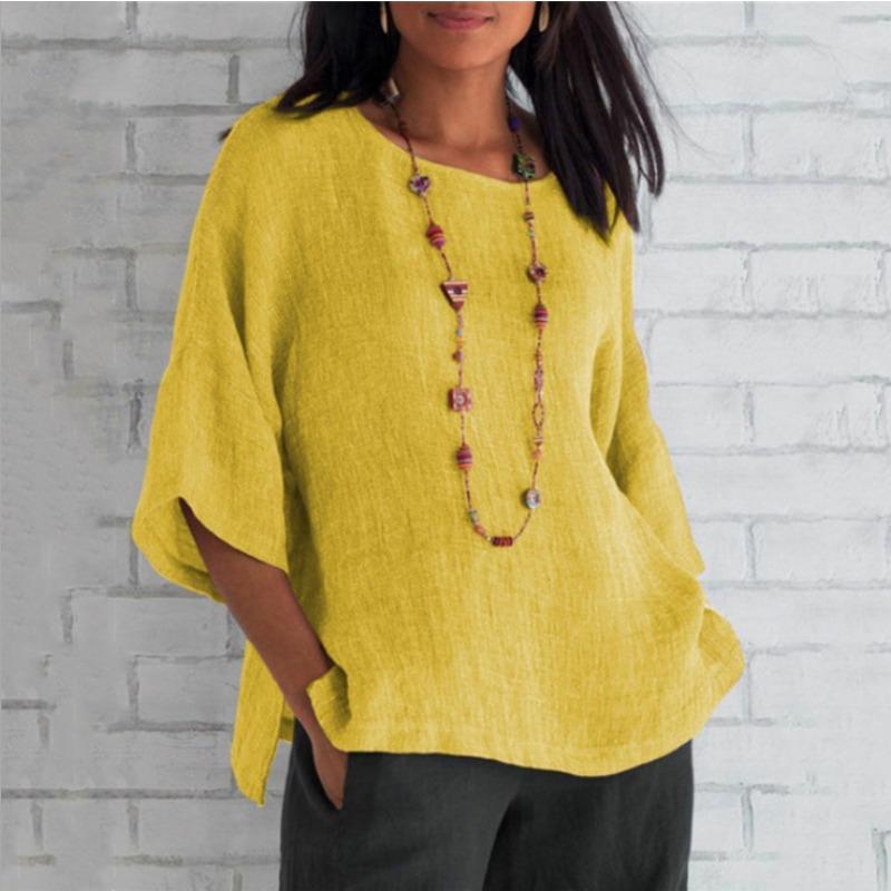 Seven Quarter Sleeve Round Neck Cotton Linen Solid Color Casual Women's Blouses & Shirts