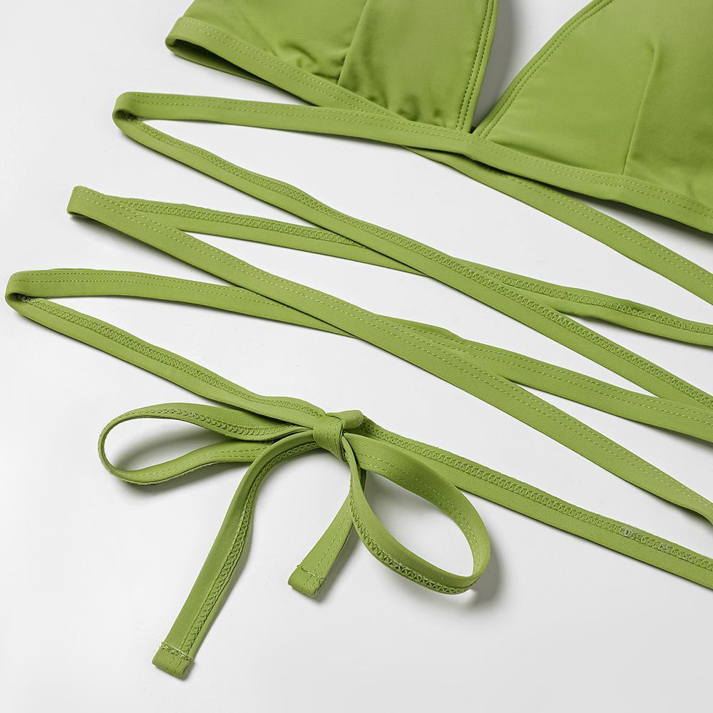 Yi Yong 2024 European & American High Elasticity Solid Color Wrap Tie Bikini Swimsuit